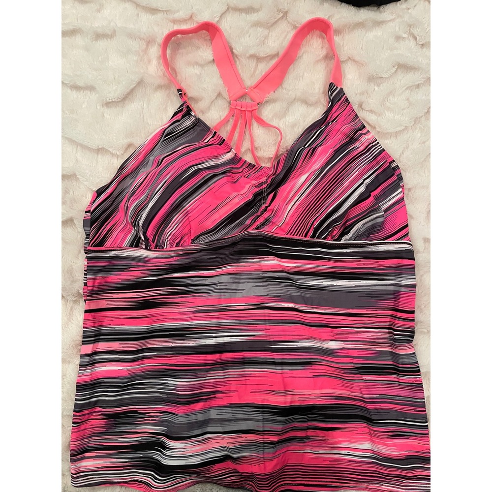 Neon Pink Black Striped Tankini Top‎ XXXL Strappy Back Swimsuit Padded Cups